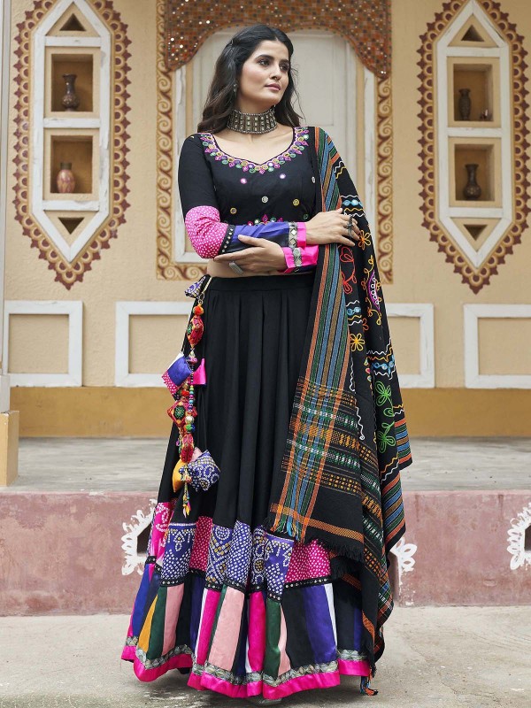 Black Viscose Rayon Readymade Navratri Lehenga Choli